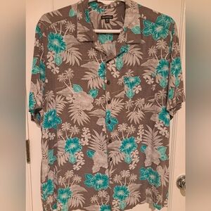 GEORGE Men 2XL Button Up Hawaiian Shirt Grey With Blue Floral‎, 1 Breast Pocket